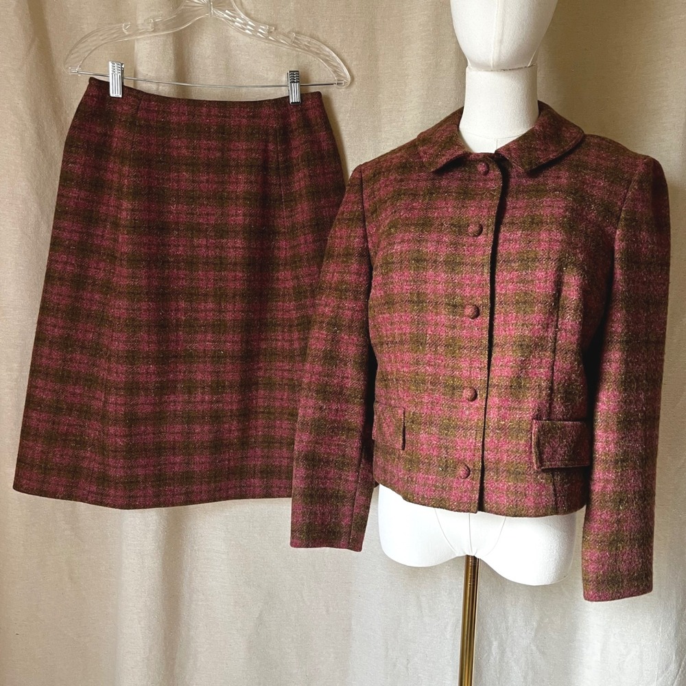 Vintage Pendleton Pink Brown Plaid Wool‎ Jacket Skirt Suit Set XS-S